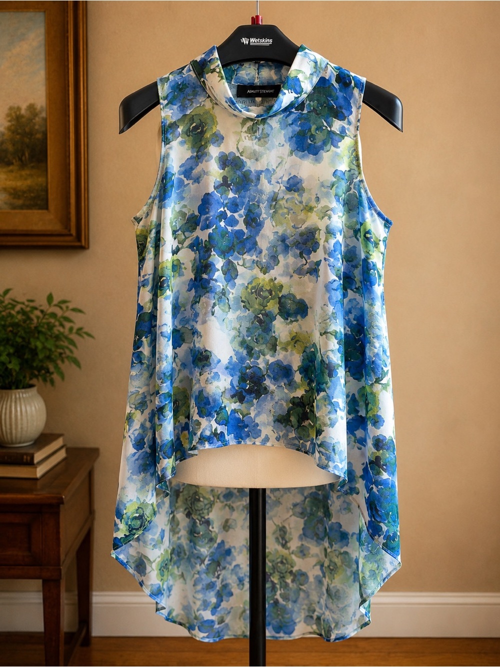 Ashley Stewart Blue Green Floral High-Low Sleeveless Blouse